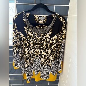 JM Collection Black and Gold Patterned Blouse
